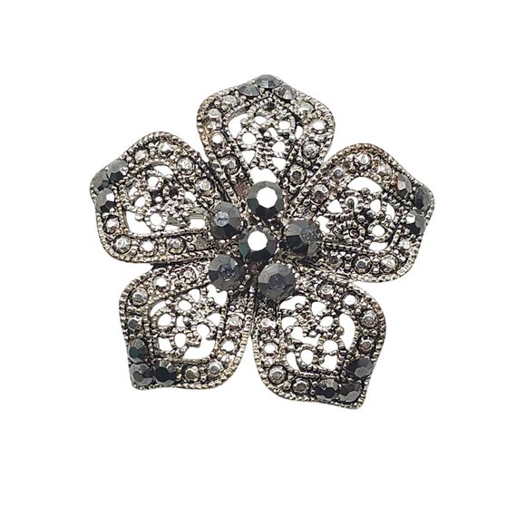 Vintage Faux Marcasite Flower Brooch Silver Tone Intricate Filigree Design - Picture 1 of 4